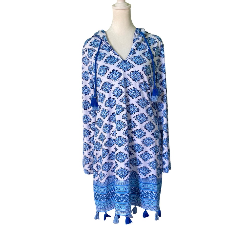 Cabana Life Seascape Blue Coverluxe Hooded Cover-Up UV Protected Fringe (Size M)